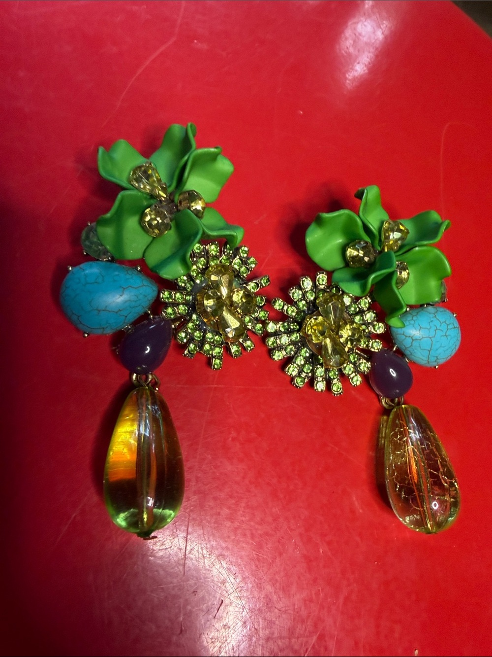 H&M Green Floral Drop Earrings with Turquoise, Purple and Amber Accents